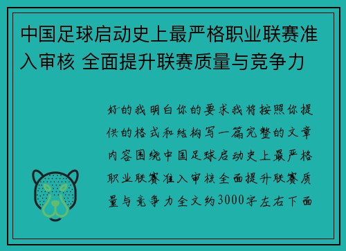 中国足球启动史上最严格职业联赛准入审核 全面提升联赛质量与竞争力