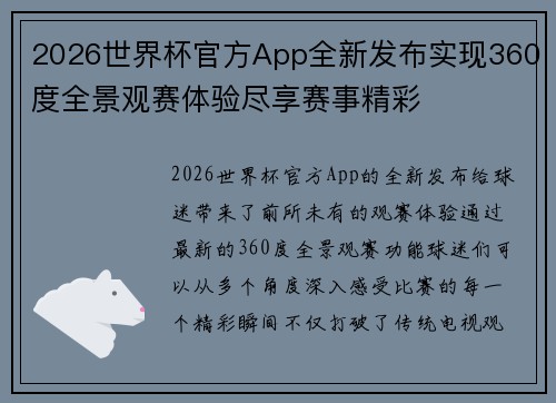 2026世界杯官方App全新发布实现360度全景观赛体验尽享赛事精彩